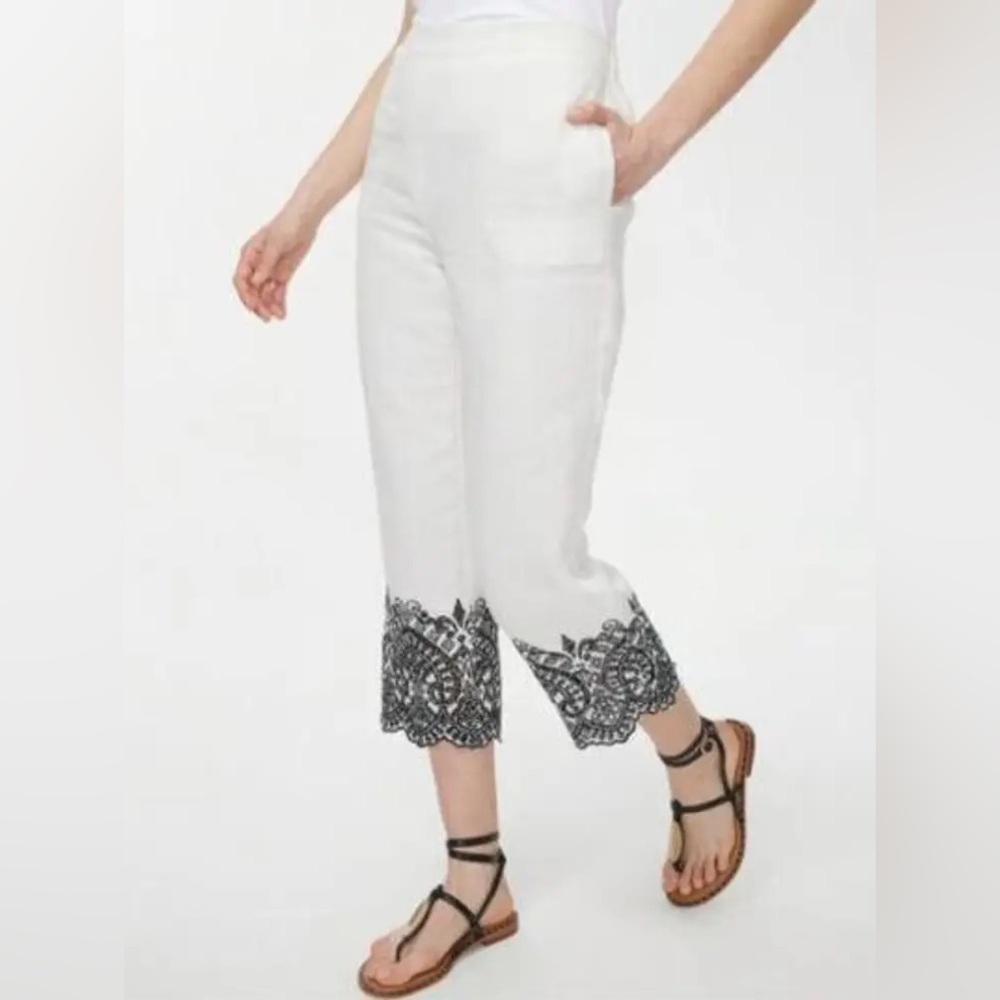 Chico's Linen Lace Embroidered Cropped White Pants Size 10